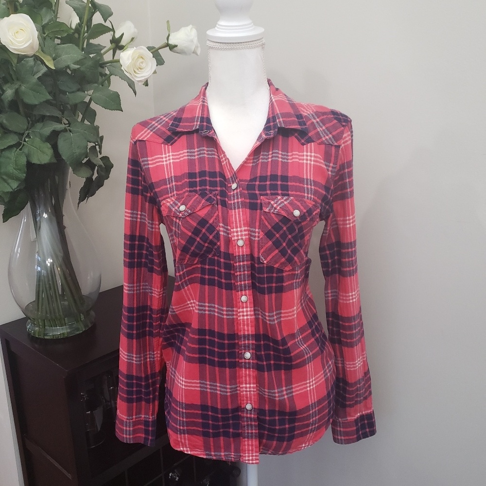 American Eagle Red Plaid Shirt Boyfriend Fit
